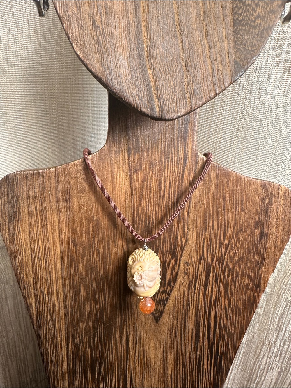 Alashan Agate Hedgehog Charm Pendant Necklace with Sunstone on Brown Rope - Picture 5 of 14